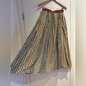 Summer maxi skirt, cotton, weave, geometric patterning in blue, yellow, white